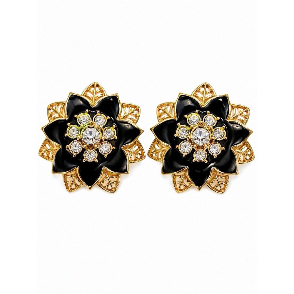 Vintage Black Enamel Gold Tone Flower Clip On Earrings Rhinestone Statement